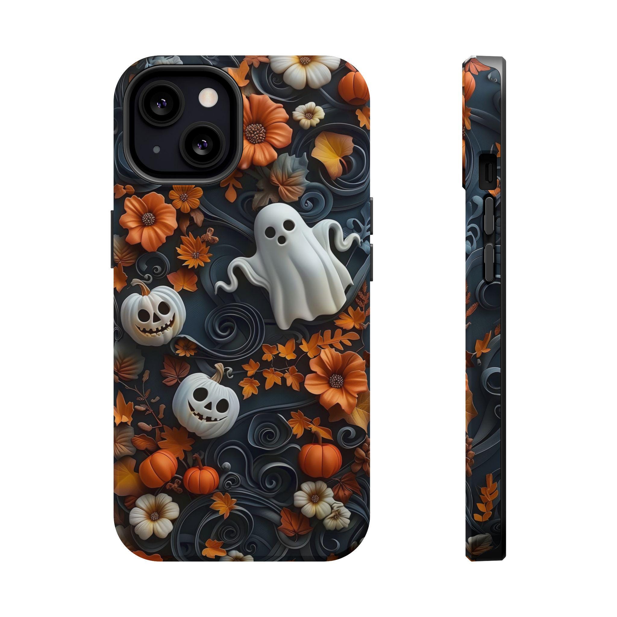 Ghost and Pumpkin Halloween Phone Case – 3D Spooky Cute Fall Design – MagSafe iPhone 14 15 16 – Pixel 9 – Galaxy S25 ps301