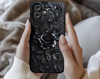 Elegante schwarze Rose Handyhülle, geschnitztes 3D-Design, Gothic Barock-Stil – iPhone 14, 15, 16, Galaxy S24, S25, Pixel 8, 9 ps2124N