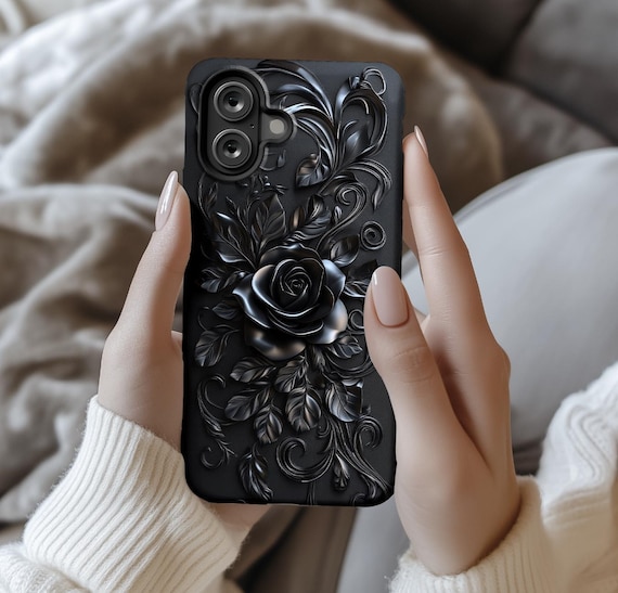 Elegant Black Rose Phone Case  3D Floral Carved Design, Gothic Baroque  Style  iPhone 14, 15, 16, Galaxy S24, S25, Pixel 8, 9 ps2124N