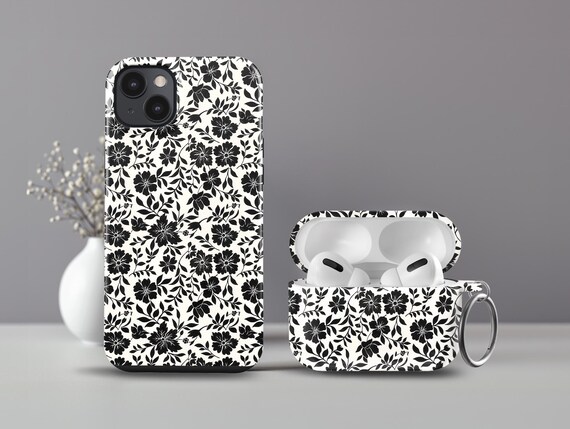 Black and White Floral Phone & Airpods Case Set - Elegant Matching 