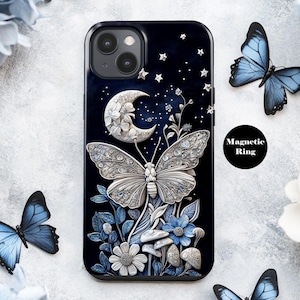 3D Butterfly and Moon Phone Case – Celestial Floral Design – MagSafe iPhone 15 14 13 – Galaxy S25 – Pixel 9 ps86