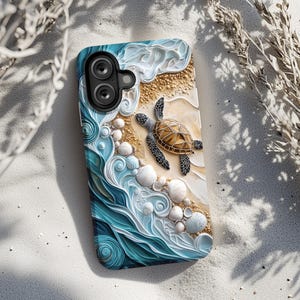 Sea Turtle Beach Phone Case - Ocean Wave and Shells Coastal Aesthetic for iPhone 15, 14, 13, 12, 11, Samsung S24, S23, Pixel 8 ps11315