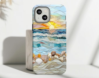Stained Glass Beach Sunset Phone Case for iPhone & Samsung - Seashell Ocean Art Cover ps397 iPhone 17
