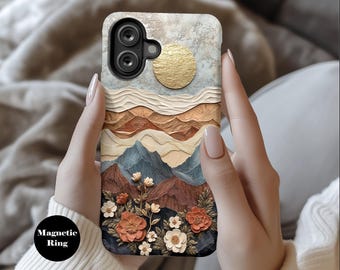 Jordnära bergslandskapstelefonskal | Rustik naturkonstdesign | Kompatibel med iPhone 16-serien, Galaxy S25, Pixel 9 | Blommig öken ph15