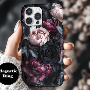 de téléphone portable floral foncé | Compatible MagSafe pour iPhone 16, 15, 14 Pro Max | Design 3D noir et rose bordeaux p211