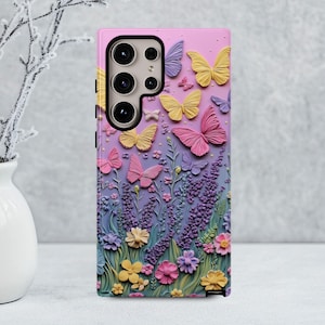 Pastel Butterfly Meadow Phone Case, 3D Clay Flowers and Butterflies, Fairycore Garden Style, iPhone 14 15 16, Galaxy S25, Pixel 9
