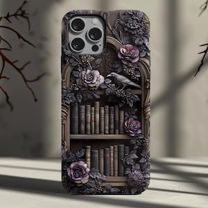 Gothic Library Phone Case – Raven, Roses & Bookshelf – Dark Academia iPhone 14 15 16 – Pixel 9 – Galaxy S25 ps1 iPhone 17