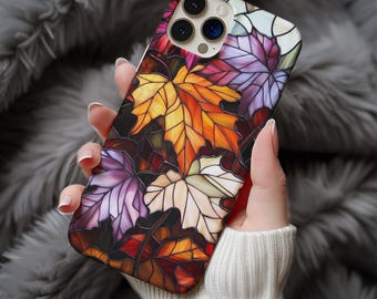 Stained Glass Autumn Leaves Phone Case, Fall Maple Mosaic Design, Colorful Botanical Art, Cozy Seasonal Aesthetic ps199