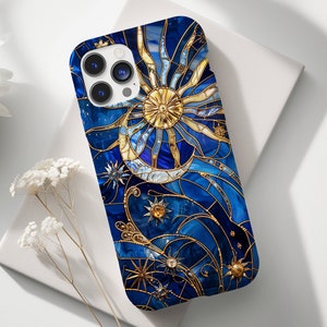 Custodia per telefono con effetto vetro colorato - Design celeste luna e sole, custodia estetica resistente per iPhone 15, iPhone 14 e Samsung Galaxy ps333