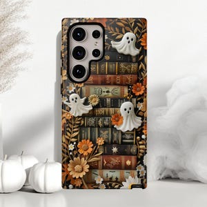 Cute Ghosts and Bookshelf Phone Case - Autumn Floral Design - Samsung Galaxy S24 Ultra, Galaxy S23 Ultra - Bookish Halloween Cover ps216
