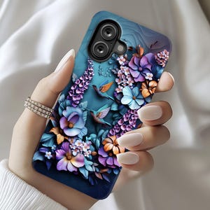 Vibrant 3D Floral Hummingbird Phone Case – Compatible with iPhone 16, 15, 13 Samsung Galaxy S25, S23, S22; Google Pixel 9, 7, 6 ps113786