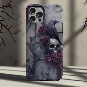 3Dカラスとスカルのゴシックスマホケース – iPhone 14 15 16 Pro Max、Galaxy S25 Ultra、Pixel 9 ps202用ダークな美的スマホカバー