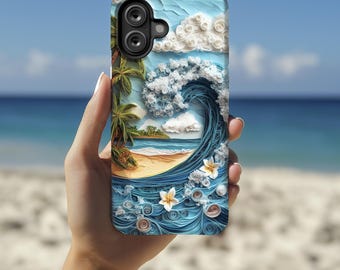 Tropiskt strandvågigt blommigt telefonskal med 3D-pappersquilling-look – MagSafe iPhone 16, Galaxy S25, Pixel 9 och fler modeller ps2139