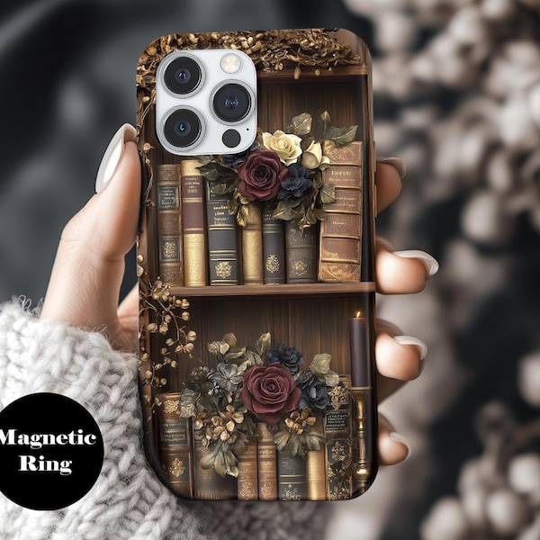 Funda para teléfono 3D con diseño de estantería vintage y rosas, compatible con MagSafe para iPhone 14, 15, 16 Pro Max, funda clásica literaria para iPhone, estampado floral oscuro ps080