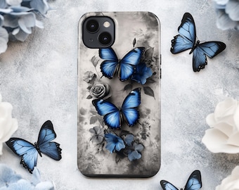 Gothic Blue Butterfly Phone Case, Dark Rose Floral Design, Moody Romantic Aesthetic, Elegant Nature Art ps108