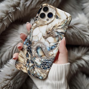Mosaic Dragon Phone Case – 2024 Fantasy Art Design – Ivory Blue Dragon – iPhone 14 15 16 – Galaxy S25 – Pixel 9 ps181 iPhone 17