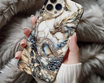 Mosaic Dragon Phone Case – 2024 Fantasy Art Design – Ivory Blue Dragon – iPhone 14 15 16 – Galaxy S25 – Pixel 9 ps181 iPhone 17