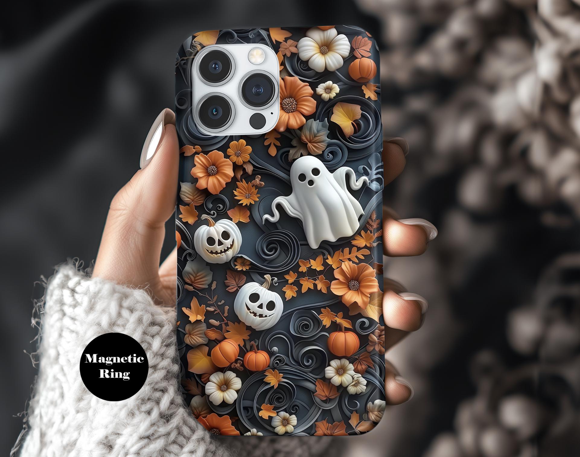 Ghost and Pumpkin Halloween Phone Case – 3D Spooky Cute Fall Design – MagSafe iPhone 14 15 16 – Pixel 9 – Galaxy S25 ps301
