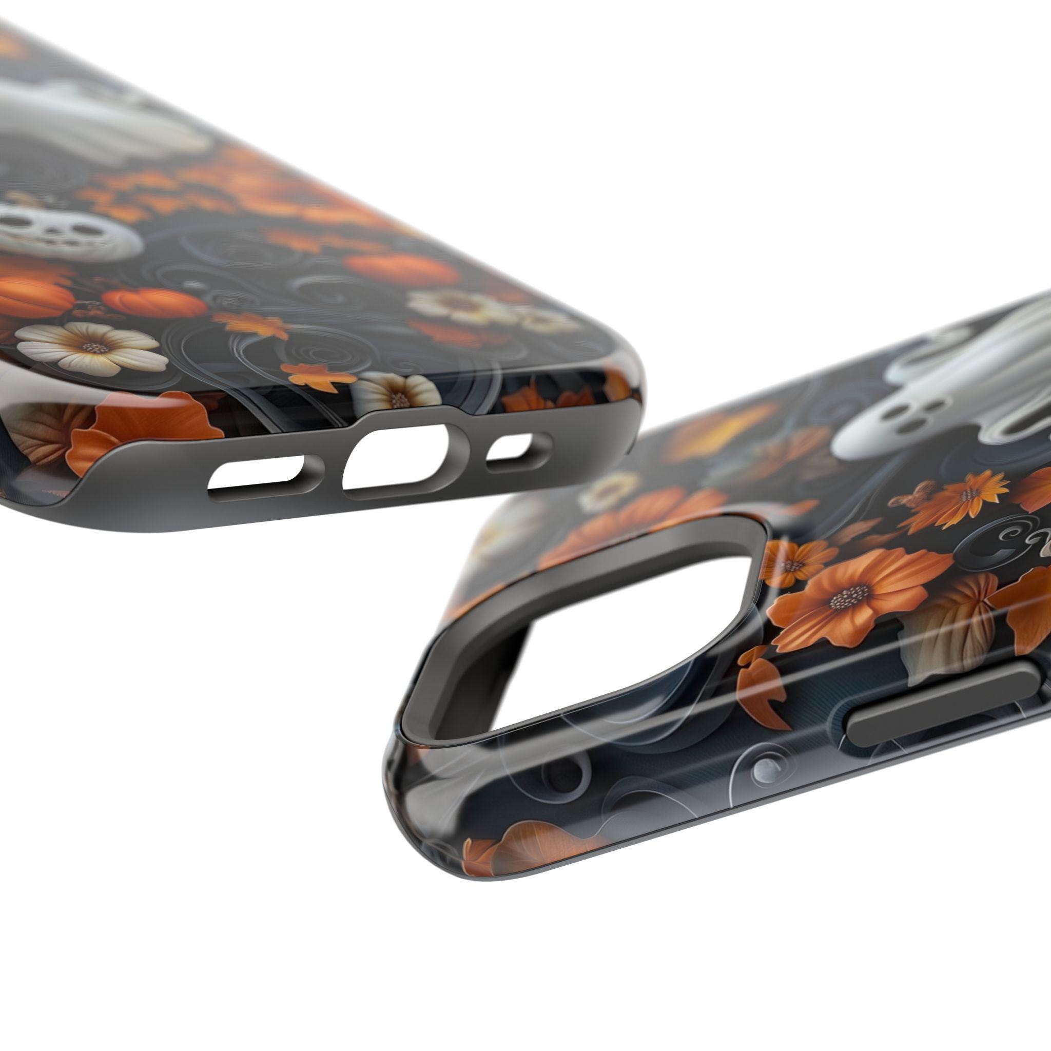 Ghost and Pumpkin Halloween Phone Case – 3D Spooky Cute Fall Design – MagSafe iPhone 14 15 16 – Pixel 9 – Galaxy S25 ps301
