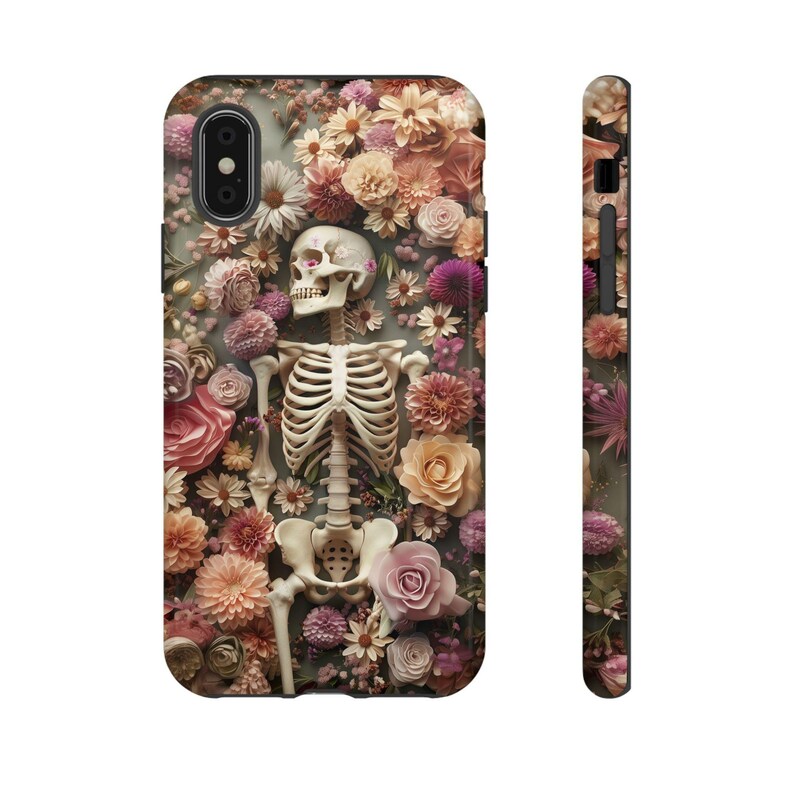 Gothic Blumen Skelett iPhone Hülle, 3D detaillierte Skelett Handyhülle für iPhone 11, 12, 13, 14 und 15, Halloween Blumen Design ps14 Bild 6
