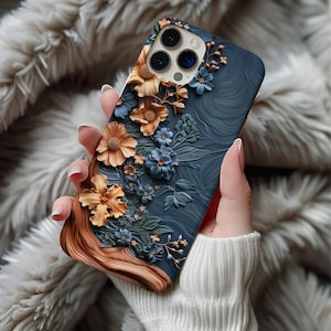 Elegante funda para teléfono con estampado floral 3D en azul y marrón / iPhone 17 16 15 Pro Max MagSafe / Samsung S25 Ultra S24 Plus / Pixel 9 ps260