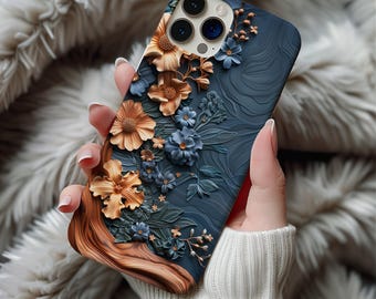 Elegant Blue Brown 3D Floral Phone Case | iPhone 17 16 15 Pro Max MagSafe | Samsung S25 Ultra S24 Plus | Pixel 9 ps260