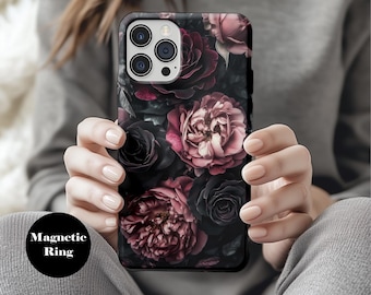 Dark Floral Peonies MagSafe Phone Case | iPhone 16, iPhone 15, iPhone 14 Pro Max | Elegant Black Peony Design p210
