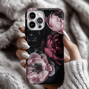 3D Dark Floral Phone Case | Elegant Black & Pink Peonies | MagSafe iPhone 15 Pro Max, iPhone 16, Galaxy S23 Ultra | Gothic Floral Art  ps111