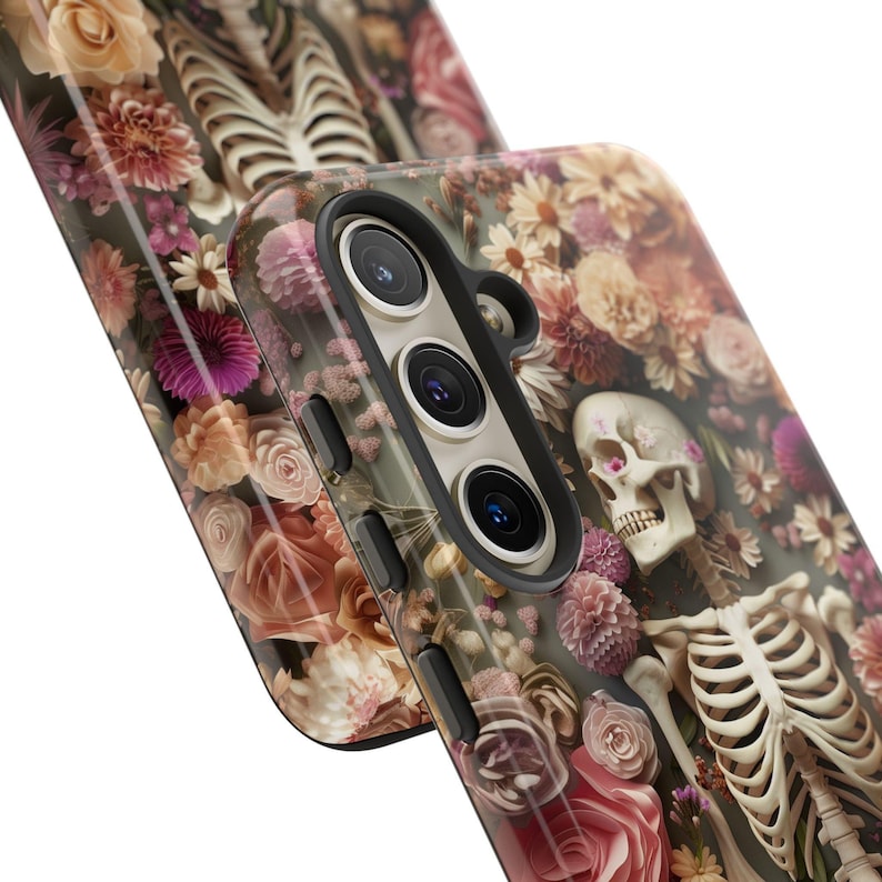 Gothic Blumen Skelett iPhone Hülle, 3D detaillierte Skelett Handyhülle für iPhone 11, 12, 13, 14 und 15, Halloween Blumen Design ps14 Bild 4