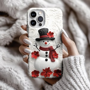 Weihnachten Schneemann Handyhülle | 3D-Schneemann mit roten Weihnachtssternen Design | Urlaubsschutzhülle für iPhone 15, iPhone 14 |MagSafe ps135