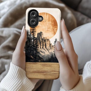 Custodia per telefono con motivo tramonto sulle montagne per iPhone 15, 16, 14 – Cover con motivo foresta con texture in legno, Samsung Galaxy S25 Ultra, Pixel 9 ps4003