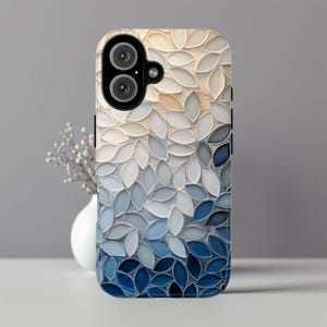 Neutral Blue Leaf Mosaic Phone Case – 3D Clay Art Style for iPhone 14 15, Samsung S24, Pixel 8 – Textured Nature Pattern ph17 iPhone 17