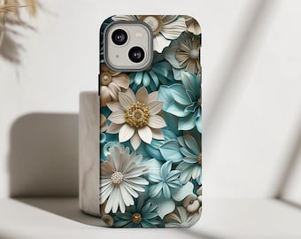 Teal and Cream Floral Phone Case, Elegant 3D Flower Design, Botanical Aesthetic Cover, Luxury Nature Art ps337