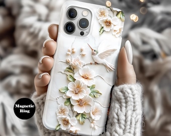 White Hummingbird and Floral MagSafe Case – iPhone 16, iPhone 15, iPhone 14 Protective Cover ps433