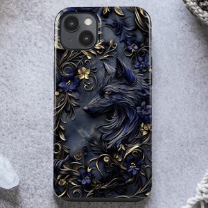 Stained Glass Wolf Phone Case for iPhone 15, 14, 13, Samsung Galaxy S24, S23, S22, and Google Pixel 8, 7 | 3D Wolf Floral Art Cover ps98