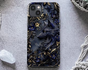 Stained Glass Wolf Phone Case for iPhone 15, 14, 13, Samsung Galaxy S24, S23, S22, and Google Pixel 8, 7 | 3D Wolf Floral Art Cover ps98