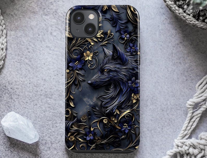 Stained Glass Wolf Phone Case for iPhone 15, 14, 13, Samsung Galaxy S24, S23, S22, and Google Pixel 8, 7 | 3D Wolf Floral Art Cover ps98 image 1