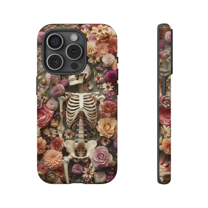 Gothic Blumen Skelett iPhone Hülle, 3D detaillierte Skelett Handyhülle für iPhone 11, 12, 13, 14 und 15, Halloween Blumen Design ps14 Bild 5