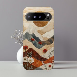 Blommigt telefonskal med solnedgångsmotiv – Jordnära lerstil för iPhone 14 15, Samsung Galaxy S25, Pixel 9 ph14 iPhone 17 bild 5