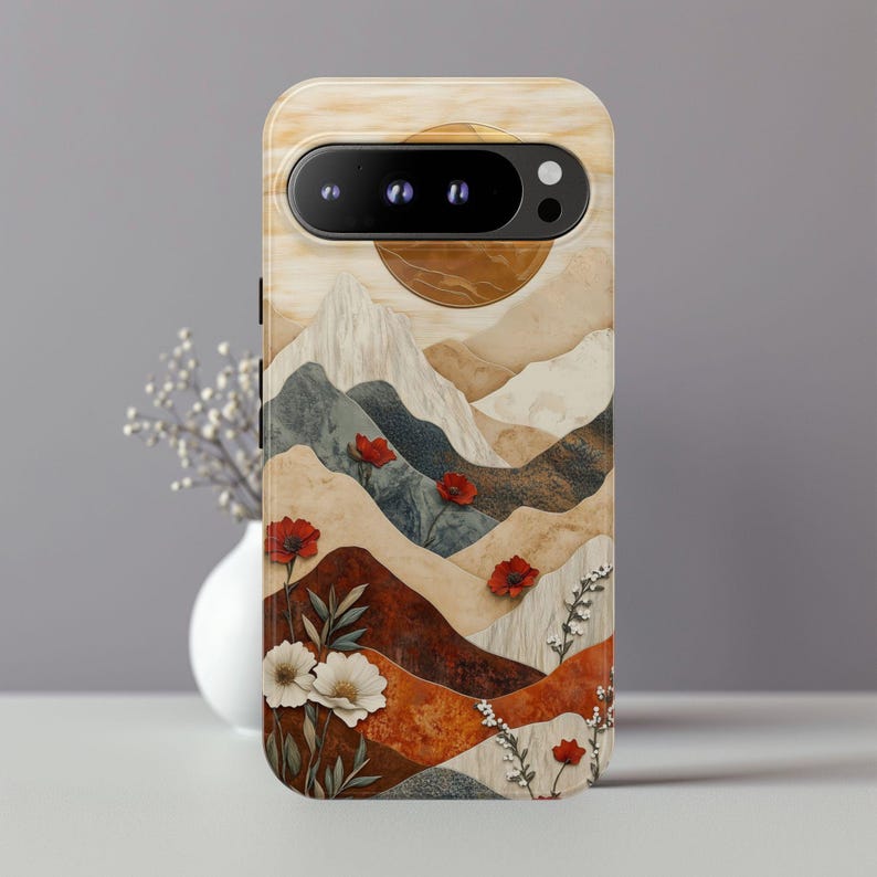 Blommigt telefonskal med solnedgångsmotiv – Jordnära lerstil för iPhone 14 15, Samsung Galaxy S25, Pixel 9 ph14 iPhone 17 bild 5