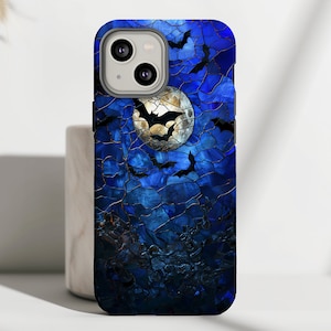 Stained Glass style Moonlit Bat Phone Case | Gothic Night Sky | Halloween Design for iPhone & Samsung