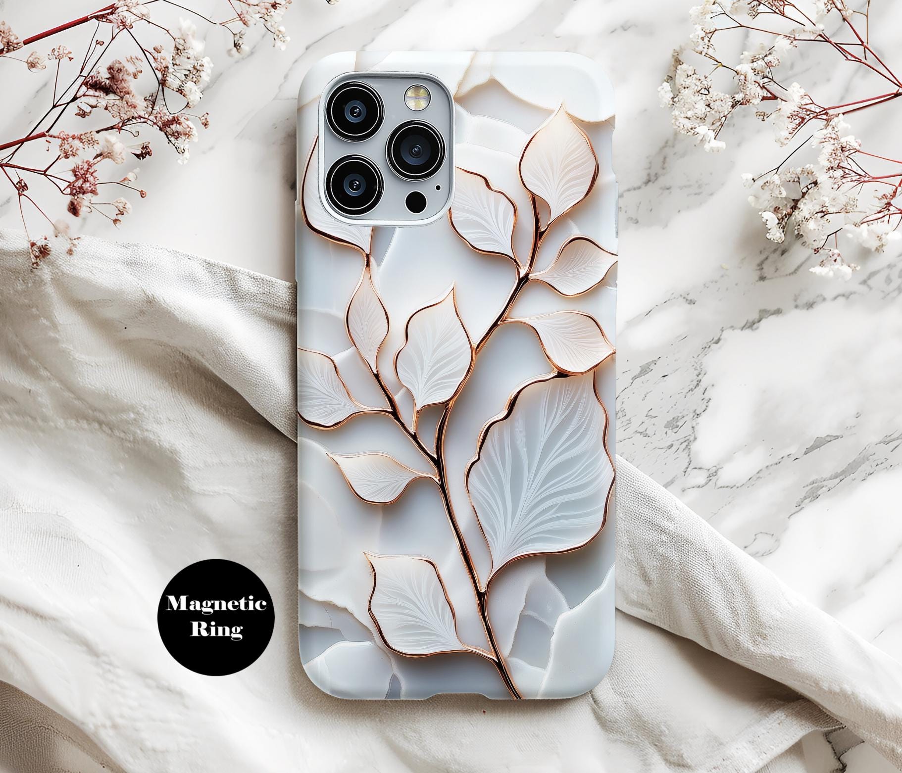 Elegant White and Gold Leaf Phone Case – MagSafe for iPhone 16 Pro Max, iPhone 15, iPhone 14, iPhone 13 ps11347