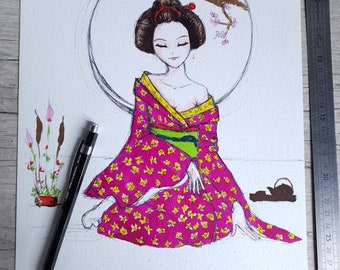 Illustration, original, dessin, croquis, geisha, Japon,  kimono, sexy, aquarelle, décoration, papier épais, encre, couleur, crayon, 24x32cm