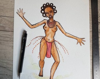 Illustration, original, dessin, croquis, africaine, danse,  femme noire, aquarelle, décoration, papier épais, encre, couleur, crayon,24x32cm