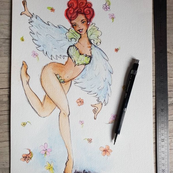 Illustration, original, dessin, croquis, danseuse,  femme, rousse, sexy, aquarelle, décoration, papier épais, encre, couleur, crayon,24x32cm