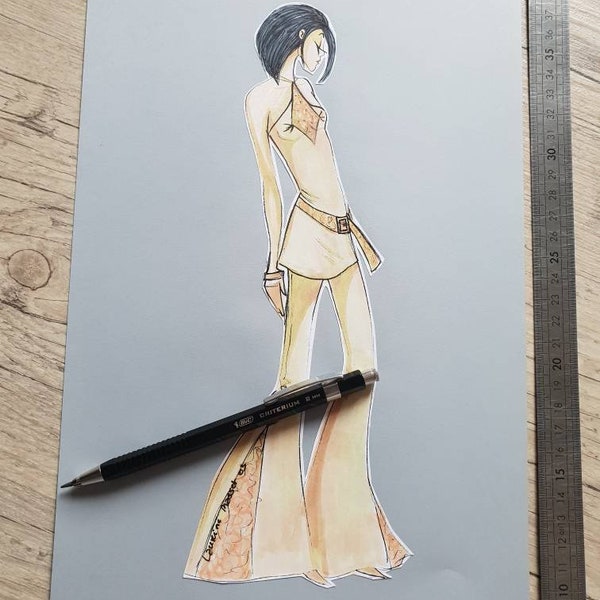 Illustration, mode, original, dessin, croquis, style, esquisse, art, décoration, femme, pantalon, tunique, Laurine Masset, papier, 21x30cm