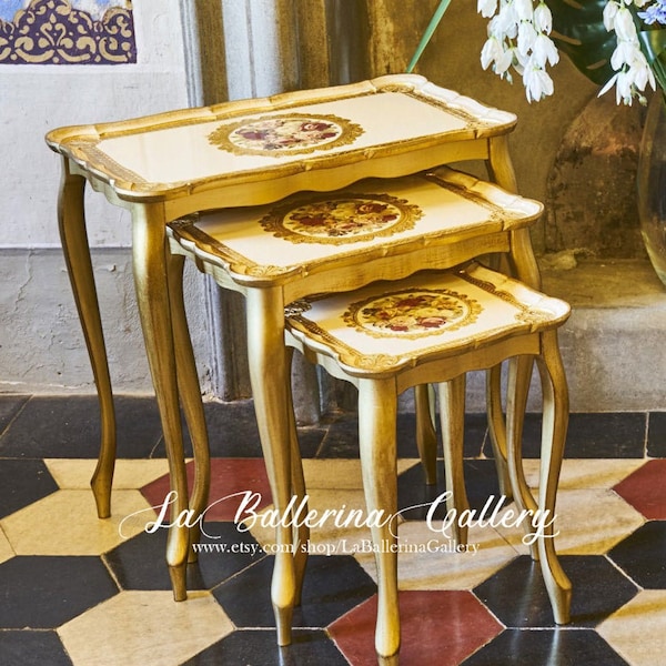 Italienischer Luxus Florentiner Holzkunst Couchtisch Satztisch Service Rokoko Barock Gold Möbel retro Rosenstrauß Weiß auf Bestellung gefertigt