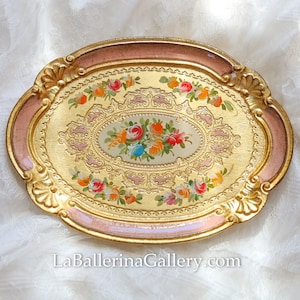 Italian Florentine tray wood gold baroque rococo decorative tea board vintage wedding gift shabby chic Italy oval pink rose handmade