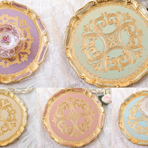 Italian Florentine tray wooden wood gold baroque rococo tea board French Country Cottage vintage victorian wedding gift Italy luxury round