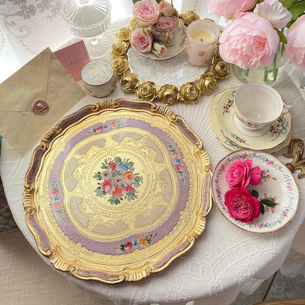 Italian Florentine tray wood gold baroque rococo decorative tea board vintage wedding gift shabby chic Italy round lilac